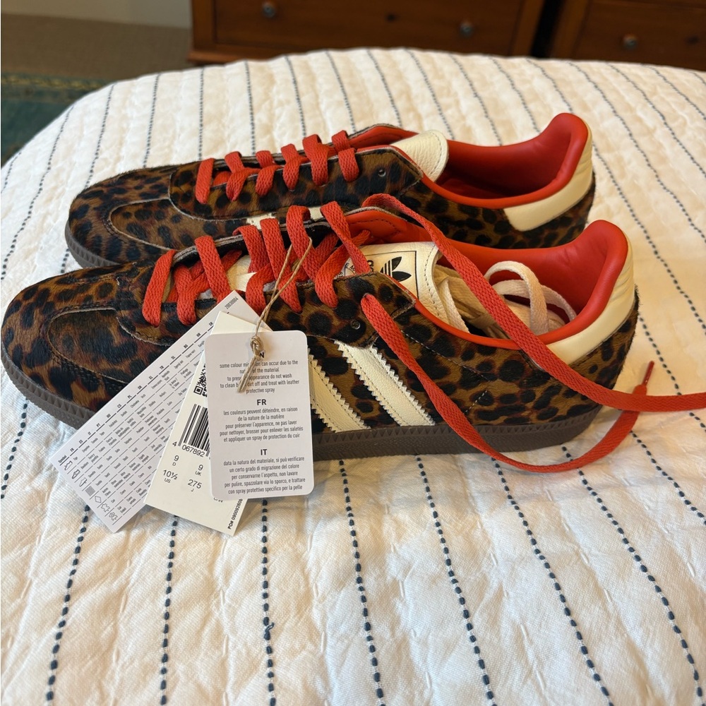Women’s Adidas Sambas in Leopard print with red laces. - Picture 3 of 4